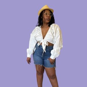 Pretty Little Thing Blouse Tie Front Puff Sleeve Cropped Western Rodeo